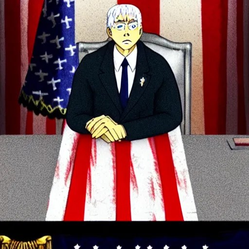 Image similar to president griffith from berserk by kentaro miura sitting at white house desk with american flag at his side