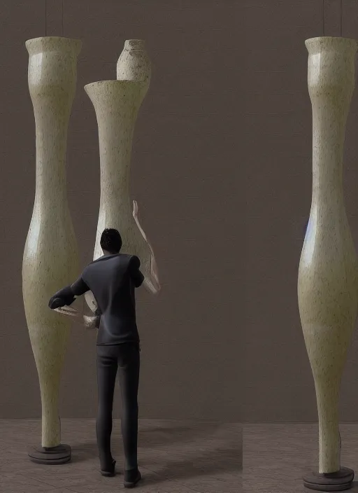 Image similar to a sculpture of a man standing next to a tall vase, a raytraced image by Hikari Shimoda, polycount, video art, vray tracing, ray tracing, rendered in unreal engine