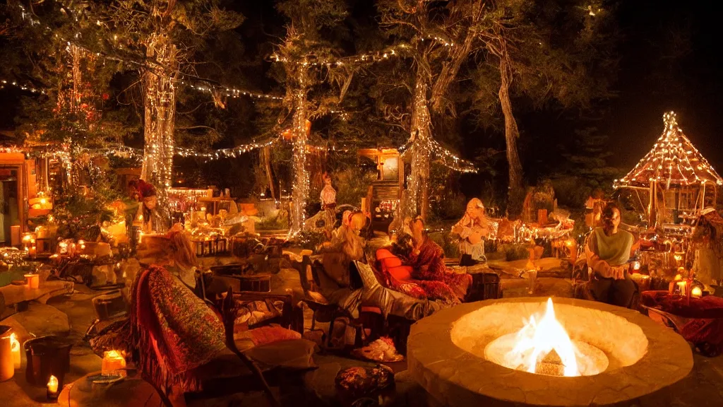 Image similar to party at midnight, bay area, peyote colors, fire pit, hot tub, candles, people, cozy, warm, beautiful, cozy environment, ornate, intricate, glowing emitting light ornaments, 8 k, rule of thirds, cinematic, highly detailed, movie still