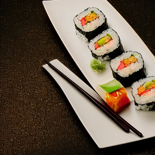 Prompt: Gold plated sushi, professional studio photography, luxury, cinestill, 800t, 35mm, full-HD