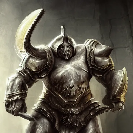 Image similar to Giant minotaur humanoid beast warrior with two handed axe, concept art, heavy white and golden armor, giant horns, full body, muscular, dungeons and dragons, hyperrealism, high details, digital painting, dark fantasy,