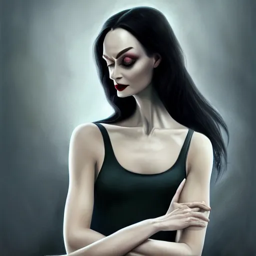 Prompt: a dark haired muscular morticia addams in a white tank top. highly detailed portrait, digital painting, sharp focus illustration, artstation hq. intricate, elegant. art by wlop and tooth wu and greg rutkowski and alena aenami and beeple, medium shot, green iridescent