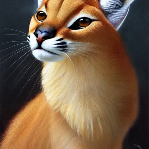 Image similar to fullbody portrait of cute fluffy caracal with laurel wreath on his head, chaplet on head, illustration, high detail, francine van hove