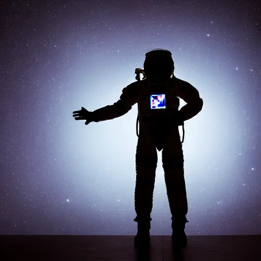 Image similar to astronaut silhouette lit from offcamera, dark background, lit from below, full body photo,, 8 k