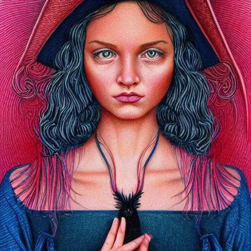 Image similar to colored pencil art on paper, pretty witch, by casey weldon, highly detailed, artstation, masterpiece, award - winning, caran d'ache luminance