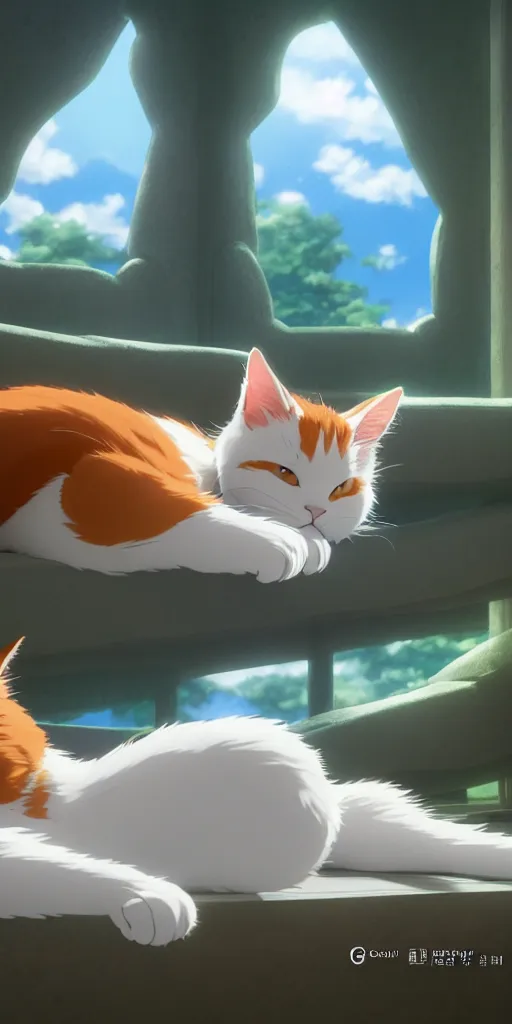 Image similar to a wholesome animation key shot of a ginger and white cat sleeping, close up, studio ghibli, pixar and disney animation, sharp, rendered in unreal engine 5, clear sky, anime key art by greg rutkowski, bloom, dramatic lighting