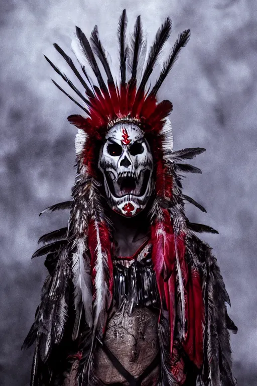 Image similar to the ghost - spirit of the grim - warpaint wears the scarlet skull armor and native blood headdress feathers, midnight fog - mist!, dark oil painting colors, realism, cinematic lighting, various refining methods, micro macro autofocus, ultra definition, award winning photo