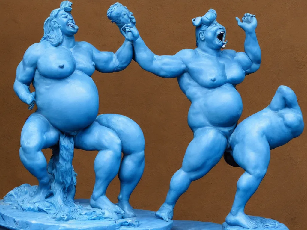 Image similar to beautiful muscular blue genie covered in oil laughing and turning himself into pregnant pig, statue, highly detailed