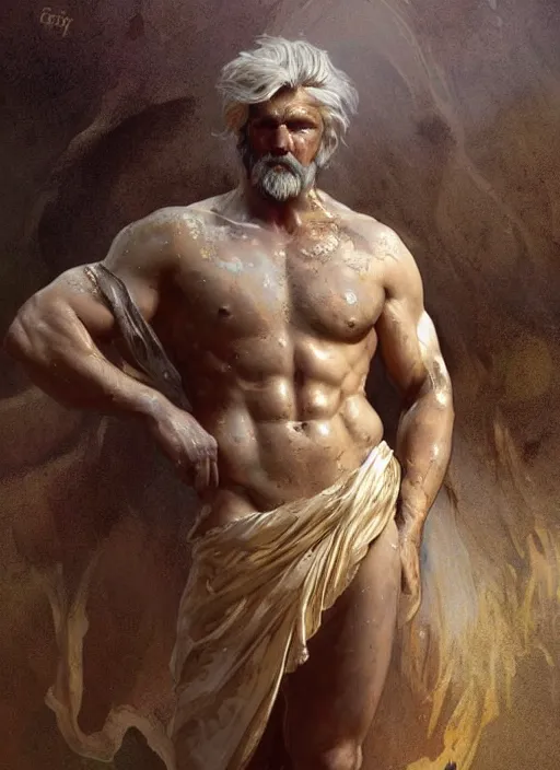 Image similar to painted back portrait of rugged zeus greek god by greg rutkowski craig mullins artgerm alphonse mucha, messy gold body paint over back and his arms, white hair handsome muscular upper body mature warm tone bulging bubble flowing robe [ ancient greek motifs ] background fantasy intricate elegant detailed digital painting concept art artstation sharp focus illustration