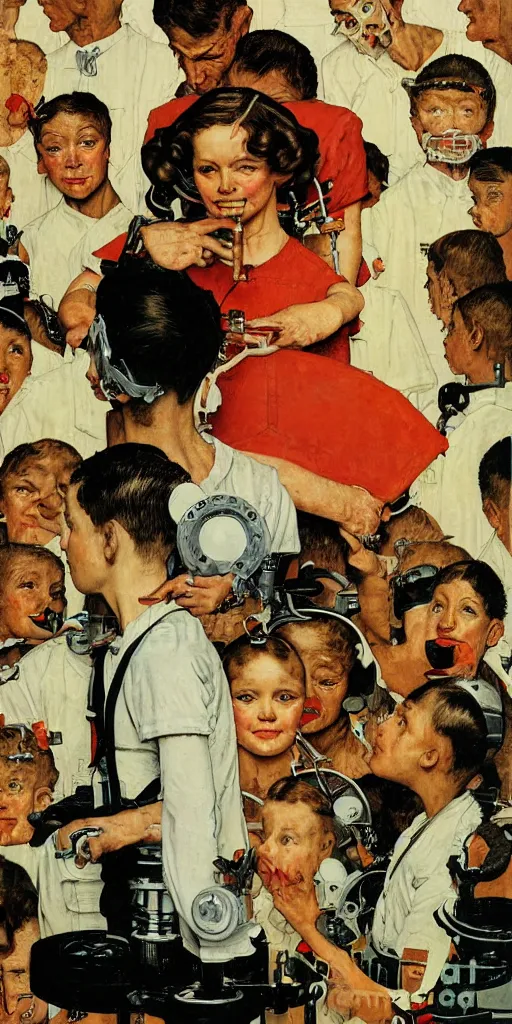 Image similar to Cyborg AI painting a portrait of it self. Norman Rockwell style. Ultra-high details.