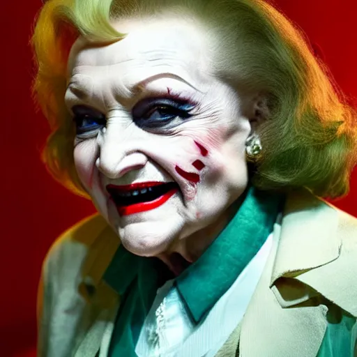 Image similar to stunning awe inspiring betty white as the joker, movie still 8 k hdr atmospheric lighting