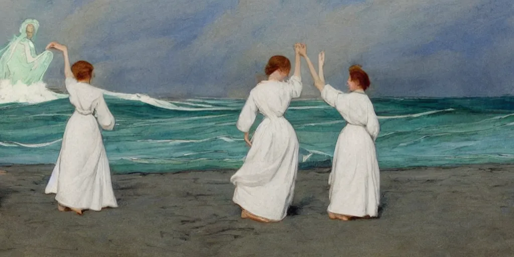 Prompt: two young edwardian women wearing white dresses hold hands on a beach in Sweden, in the style of Anders Zorn, waves in the style of the great wave off kanagawa