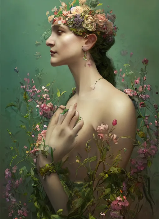Prompt: beautiful sexy ethereal queen full body portrait, ethereal queen portrait, art nouveau, flowers instead of hair, face paint, fantasy, intricate flower designs, elegant, highly detailed, intricate background designs, artwork by sergey kolesov, detailed, dynamic, cinematic composition