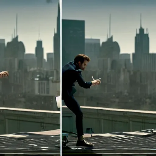 Prompt: macron dodging bullets on a rooftop, slowtime, in matrix, realistic, matrix lut, american shot, green matrix light, side view, nvidia