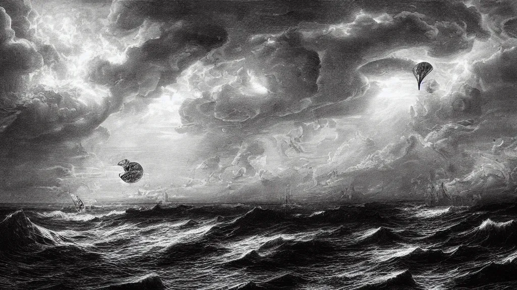 Image similar to drawing of one giant steampunk zeppelin flying above a stormy ocean, by gustave dore, nineteenth century, black and white, vintage, science fiction, epic composition, dramatic lighting, highly detailed, cinematic