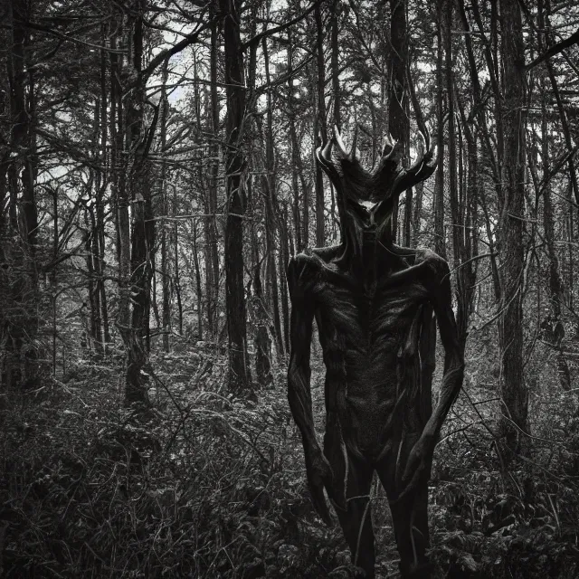 Image similar to bloody wendigo in forest at night, night vision, shot from ground, grainy