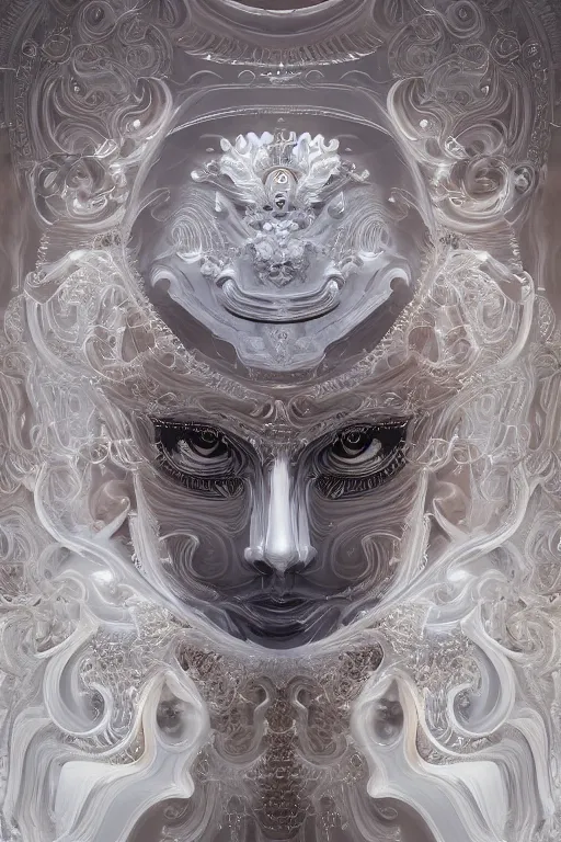 Image similar to highly detailed digital painting of a woman wearing venetian woman mask, sculpted in white opalescent marble, by wlop, with lots of thin ornaments, disolving with a luminous background, curves and chaotic fractal art inlays, intricate, 8 k, white box, cinematic light, high aperture, background atmospheric effects, larger view