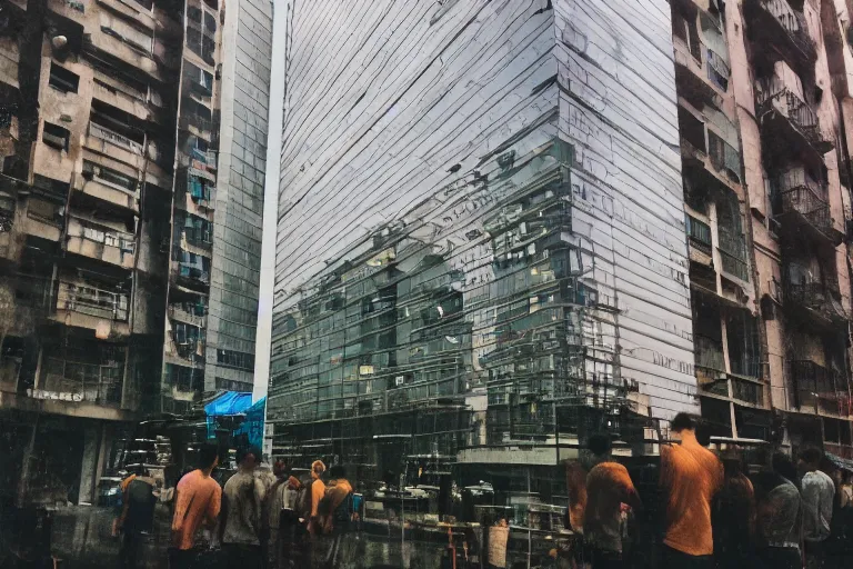 Image similar to outdoorsy guys club likes to look at the exteriors of urban architecture onion column shot by christopher doyle wong kar-wai film texture reflection through lit windows with slight drizzle trickling from them high definition film cinematography quality red blue