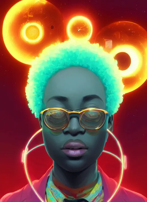 Image similar to afro - futurist scientist, computers and holograms, hacking the metaverse | hyperrealistic oil painting | by makoto shinkai, ilya kuvshinov, lois van baarle, rossdraws | afrofuturism, in the style of hearthstone, trending on artstation | dark color scheme