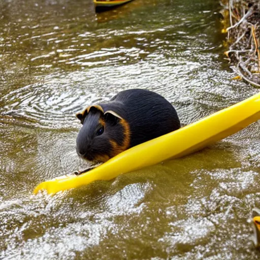 Prompt: a guinea pig paddling a yellow kayak on a small stream