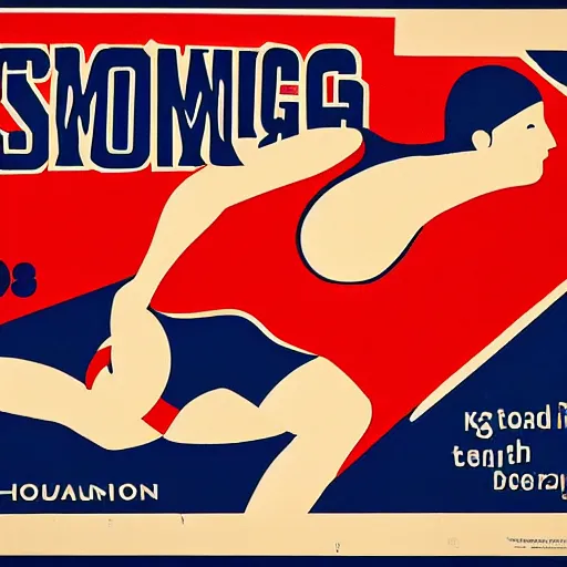 Image similar to year 1 9 2 8 poster for swimming. red and blue