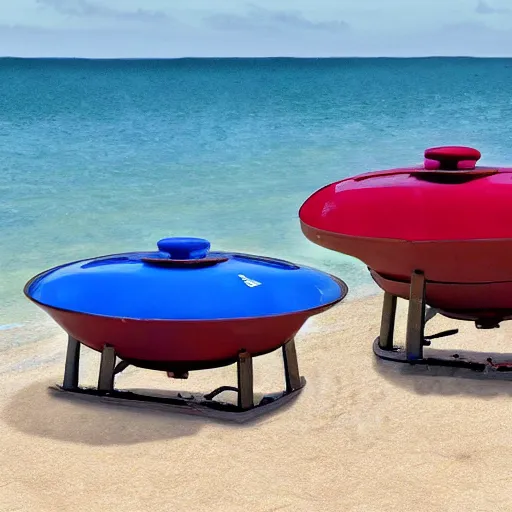 Image similar to two oblong woks on a beach, photorealistic, 8k