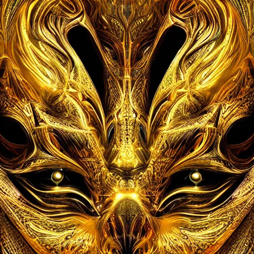 Image similar to a beautiful symmetrical being made of golden ornaments by android jones, 3D, 8k resolution