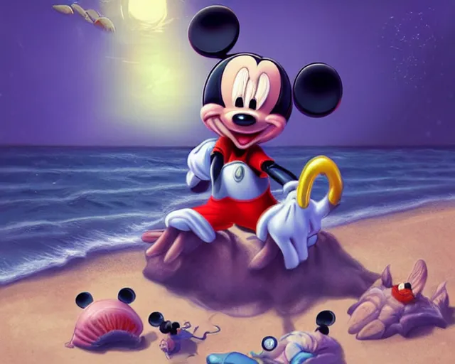 Image similar to Mickey mouse sitting next to terrifying sea creatures on a creepy beach, digital art, by Daniel Conway, super detailed, artstation