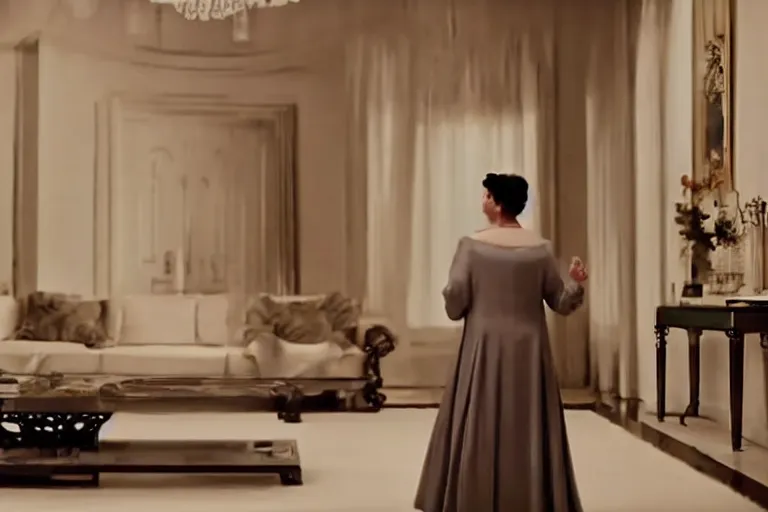 Prompt: VFX movie of old woman applauding sleek futuristic butler robot in a decadent living room by Emmanuel Lubezki