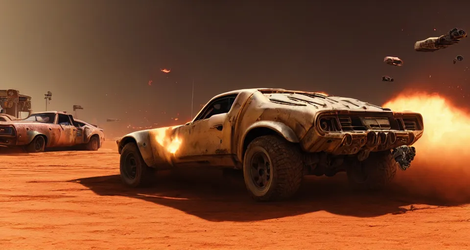 Image similar to macro closeup photo of combat teslatruck being chased in a post apocalyptic fallout 4 desert, 3 pm, smoke, dust, embers, mad max, action, speed, rocket league, volumetric lighting, hdr, need for speed, gta 5, ridley scott, syd mead, craig mullins, cinematic, fast and furious, blade runner, octane, 8 k