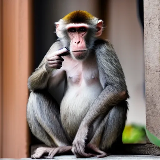 Prompt: a monkey priest smokes pot