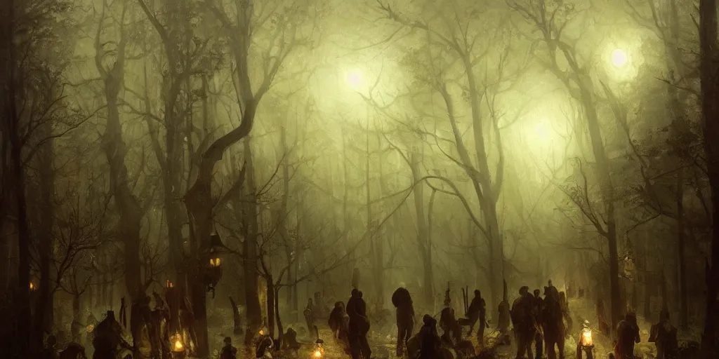 Image similar to streets of innsmouth during the night in a forest, lovecraftian atmosphere, people standing up in front of the house, mystical fog, oil on canvas, art by andreas achenbach, clemens ascher, tom bagshaw and sabbas apterus,