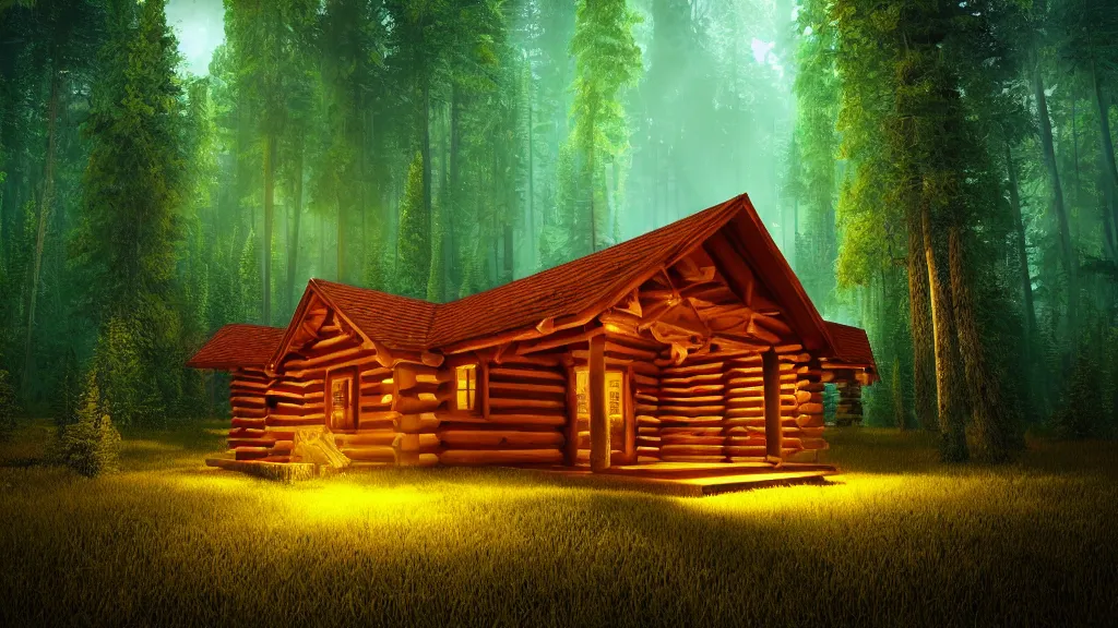 Prompt: portrait of an ethereal log cabin made of golden purple and green light, evergreen forest, divine, cyberspace, mysterious, dark high-contrast concept art, 3D render