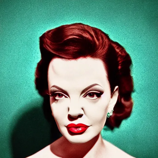 Image similar to a photographic portrait of a hybrid of judy garland and lisa minelli and angelina jolie, close up