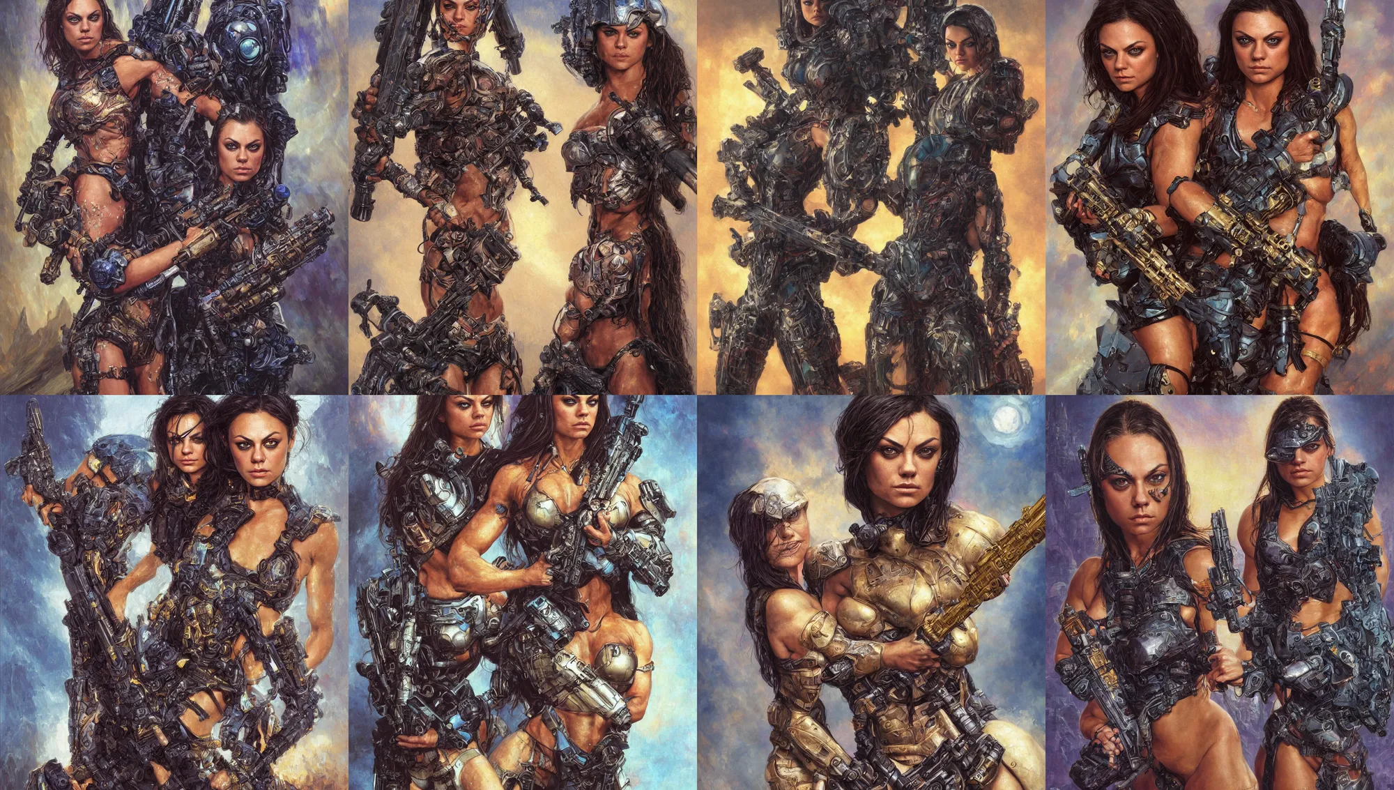 Image similar to bodybuilder mila kunis closeup portrait of a beautiful biblical diabolical girl holding a large cyber rifle, visor, neon armor, golden hour, gerald brom, mikhail vrubel, peter elson, muted pastel colors, extreme detail, light rain, trending on artstation, 8 k