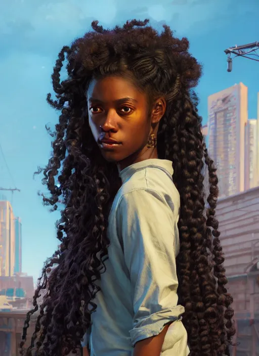 Prompt: highly detailed portrait of black girl with long curly hair looking at the camera in gta v, stephen bliss, unreal engine, fantasy art by greg rutkowski, loish, rhads, ferdinand knab, makoto shinkai and lois van baarle, ilya kuvshinov, rossdraws, tom bagshaw, global illumination, radiant light, detailed and intricate environment