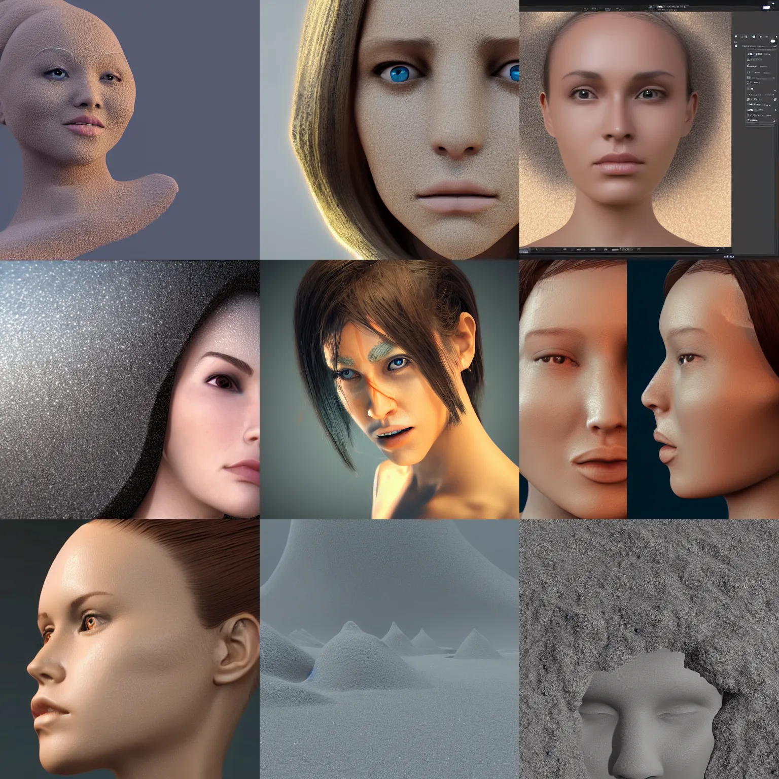 Prompt: huge outside formation of sand particles forming a female face shape effect particle dynamics render art unreal engine
