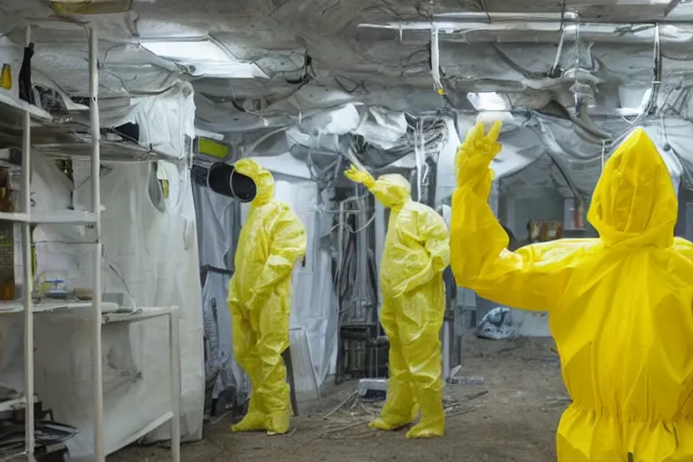 Prompt: a lone. man in a yellow hazmat suit looks on helplessly as a huge alien meat monster grows out of control in a creepy underground science lab