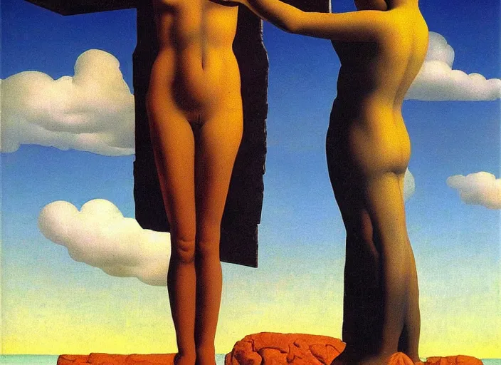 Image similar to a female goddess find forbidden knowledge by rene magritte and salvadore dali