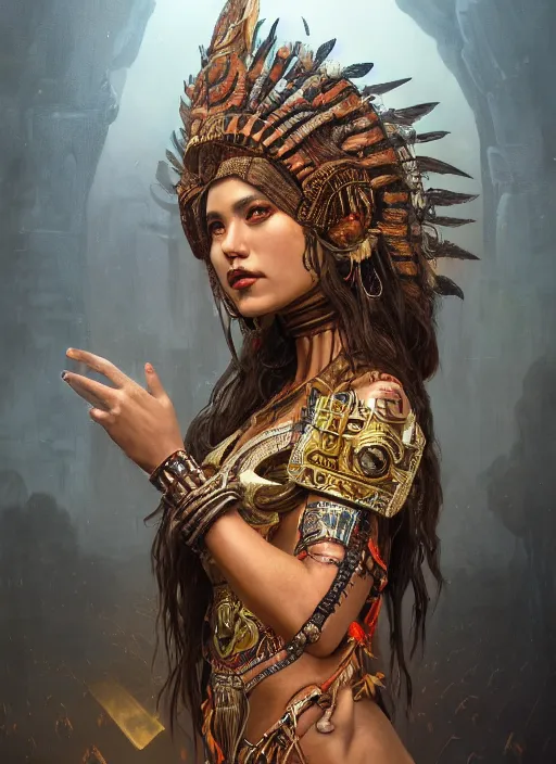 Image similar to a Photorealistic dramatic fantasy render of a beautiful woman wearing a beautiful detailed Aztec Insect shaman mask and intricate costume by WLOP,Artgerm,Greg Rutkowski,Alphonse Mucha, Beautiful dynamic dramatic dark moody lighting,shadows,cinematic atmosphere,Artstation,concept design art,Octane render,8K