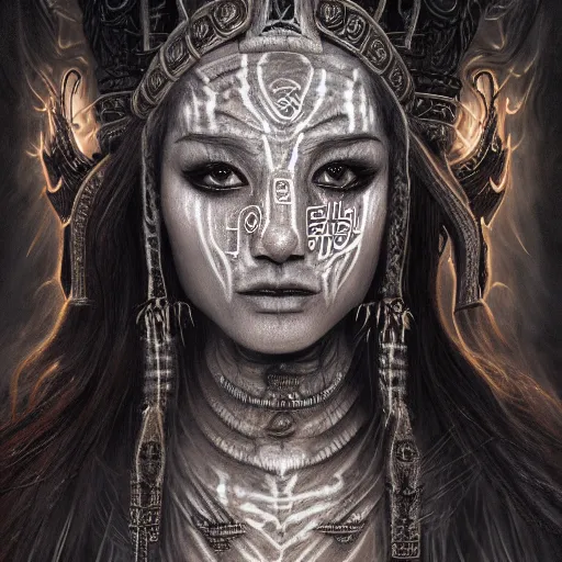 Image similar to Closeup of realistic asian Sumerian Death Goddess chalk skin etched with runic icons + mystical symbols, with small bleached bones covering vest and flowing electricity and smoke , fantasy, intricate, elegant, highly detailed, digital painting, artstation, concept art, matte, sharp focus, illustration, ghostbusters poster, art by Artgerm and peter mordenbacher