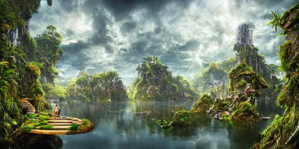 Image similar to balanced masterpiece, fairytale, futuristic city, industrial lake, monolithic temple, interstellar infinity portal, rainforest mountains, lush plants flowers, epic natural light, bright clouds, luminous sky, outer worlds, bright cinematic lighting, edmund evans, michael cheval, michael whelan, airbrush digital nouveau oil painting, vray, 8 k hd