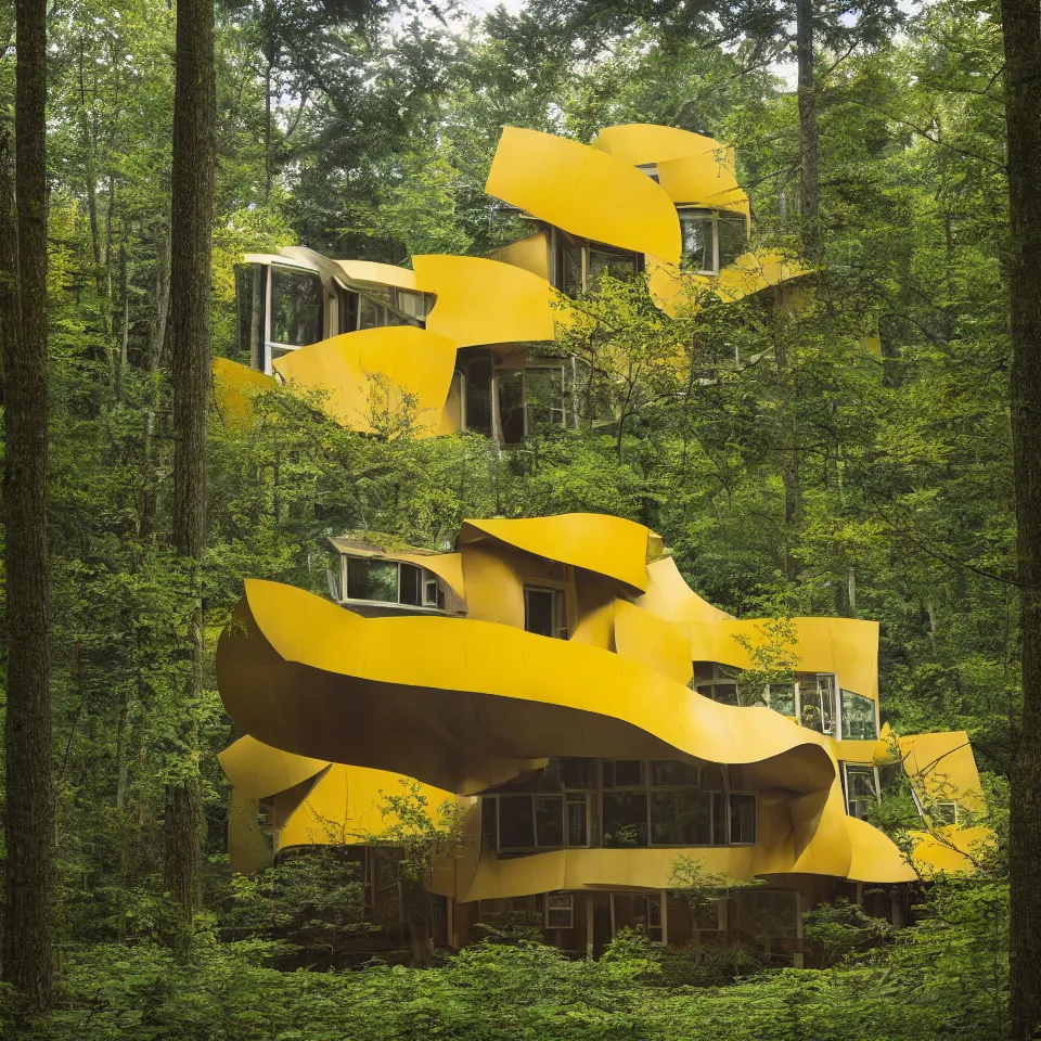 Image similar to architecture ad for a 1 story mid-century modern house in the middle of the forest, designed by Frank Gehry. Film grain, cinematic, yellow hue