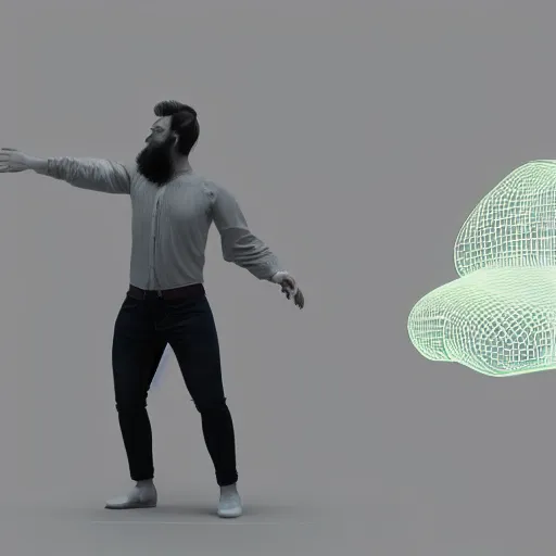 Image similar to A very detailed digital art rendering and concept design of a beautiful bearded young ethereal man beautifully positioned and dancing in volumetric lighting, three dimensions, a digitally transformed environment, user interface design, 3D modeling, illustration, and transportation design