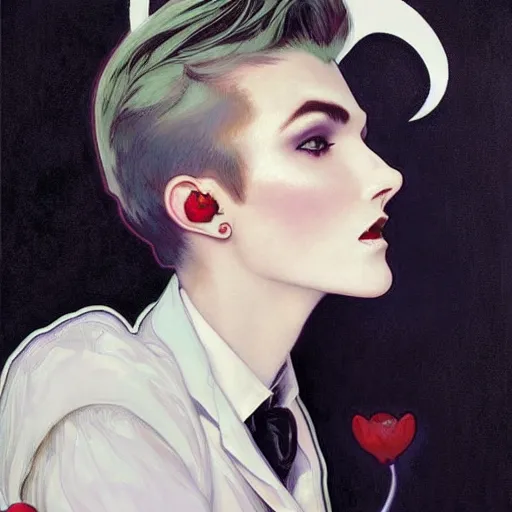 Image similar to beautiful portrait of androgynous ruby rose as desire from sandman in a white tuxedo!!!, rockabilly style, by alphonse mucha, cedric peyravernay, by jeremy mann, by frank moth, white suit and black tie, soft lightning, high detailed, 8 k