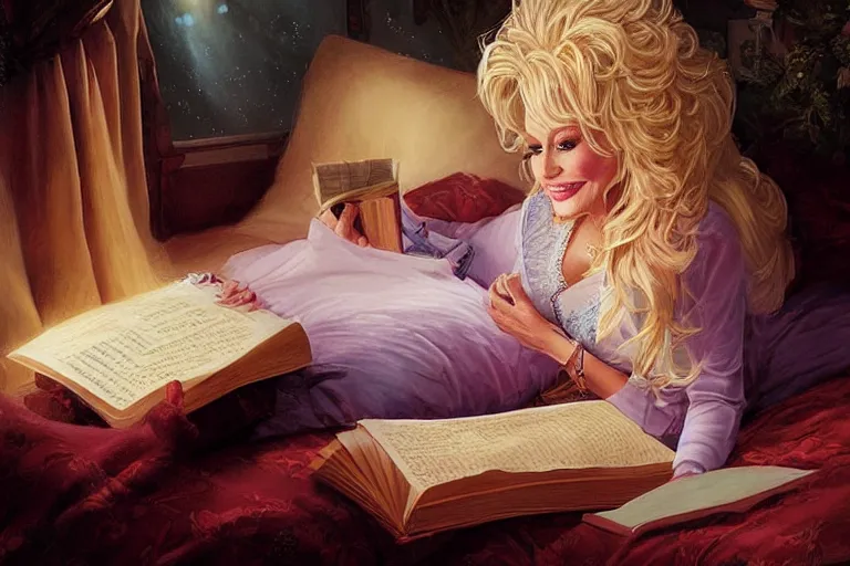 Prompt: portrait of dolly parton reading a bedtime story in bed, an oil painting by ross tran and thomas kincade