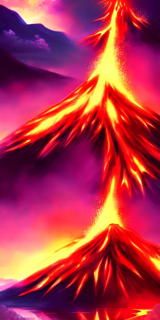 Single Quiet Volcano erupting with sakura blossoms. Forest. Clouds  Landscape. Shonen anime. Manga. Anime style. Yoshitaka Amano. Dittmann.  Hermann Corrodi. Beautiful scenery. Stunning epic. Extreme wide shot. Epic  in scope and scale.