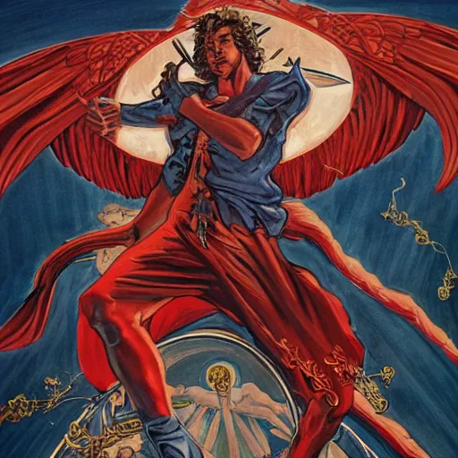 Image similar to An epic Socialist Realism comic book style, stunning, breathtaking, awe-inspiring award-winning concept art nouveau painting of sophisticated portrayal of Lucifer, invincible and triumphant over Heaven, exquisite and handsome wings, holding a flaming sword of hellfire in his hands , fisheye, a star is born in the background, photorealistic, complex, intricate, 3-point perspective, hyper detailed, unreal engine 5,DAZ, symmetrical, octane render, dynamic lighting, 8k , IMAX quality, polished, photoshopped, high resolution, , path tracing, volumetric lighting, Arnold render