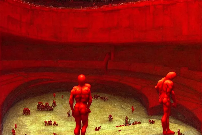 Image similar to only with red, a red gladiator in a crowded roman amphitheatre, crowd cheers him, in the style of beksinski, parts by edward hopper, parts by rodcenko, parts by yue minjun, intricate and epic composition, red by caravaggio, insane quality, highly detailed, masterpiece, red light, artstation