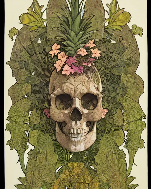 Image similar to Poster of an ancient silve skull with pineapple leaves growing out of the top art surrounded by varities of vines and flowers, cell shading, by Alphonse Mucha, Moebius, hiroshi yoshida, Art Nouveau, colorful, ultradetailed, vivid colour, 3d